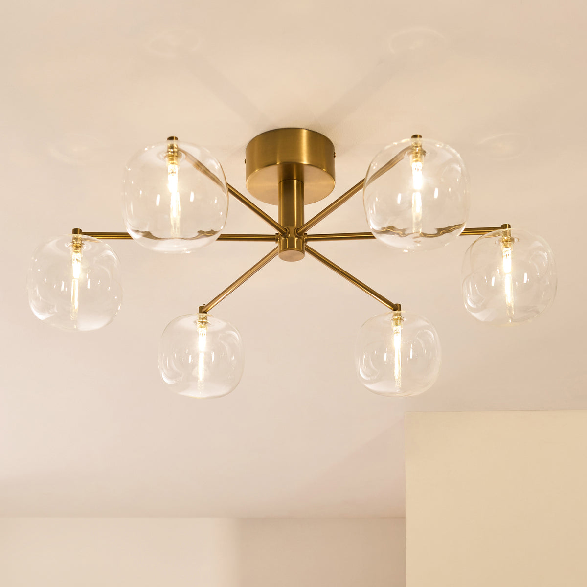 Endon Oslo 6 Light Semi Flush - Brushed Aged Brass Plate & Clear Glass