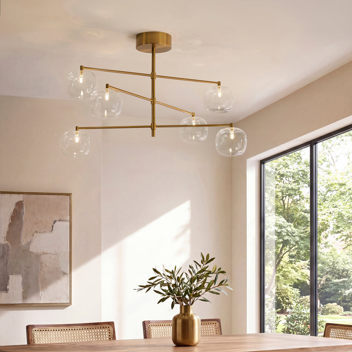 Endon Oslo 6 Light Pendant - Brushed Aged Brass Plate & Clear Glass