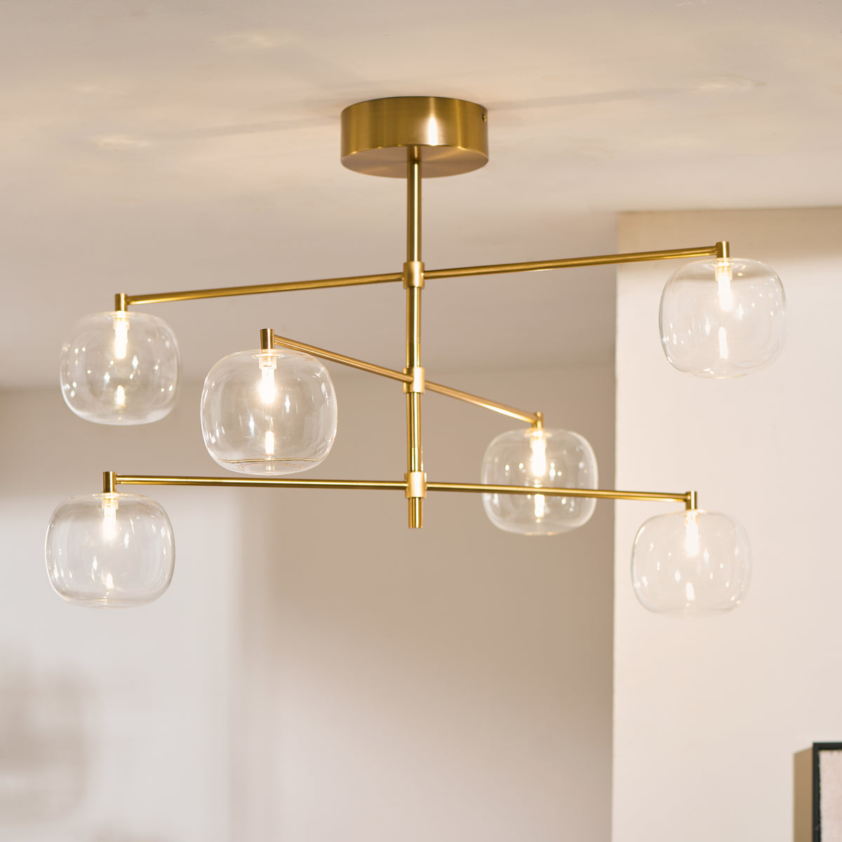 Endon Oslo 6 Light Pendant - Brushed Aged Brass Plate & Clear Glass