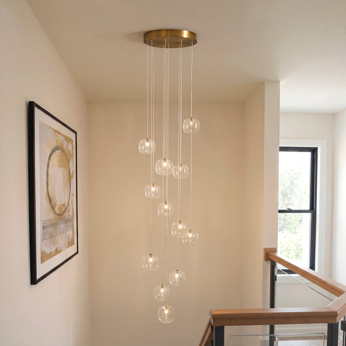 Endon Oslo 12 Light Cascade Pendant - Brushed Aged Brass Plate & Clear Glass