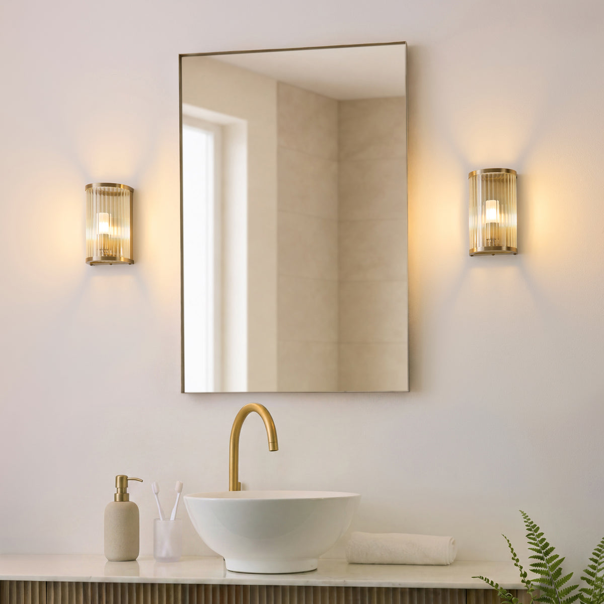 Endon Ridgeton IP44 Wall Light - Antique Brass Plate & Clear Ribbed Glass