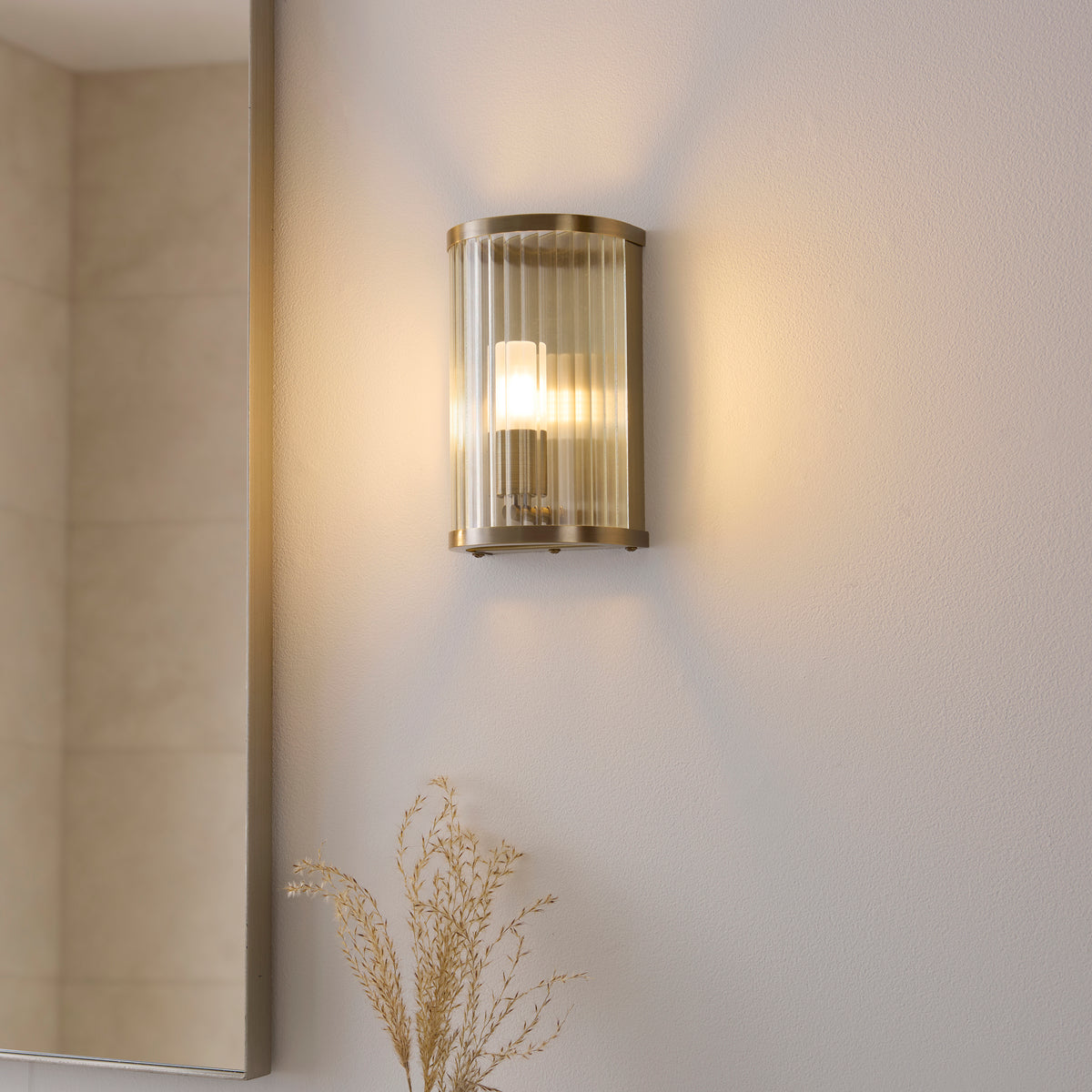 Endon Ridgeton IP44 Wall Light - Antique Brass Plate & Clear Ribbed Glass