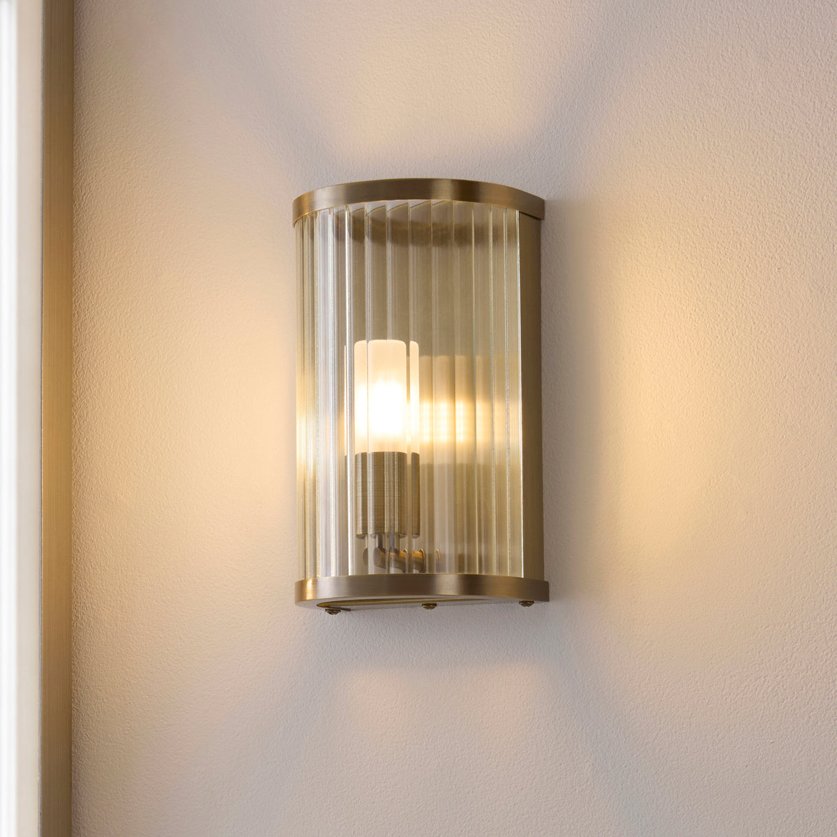 Endon Ridgeton IP44 Wall Light - Antique Brass Plate & Clear Ribbed Glass