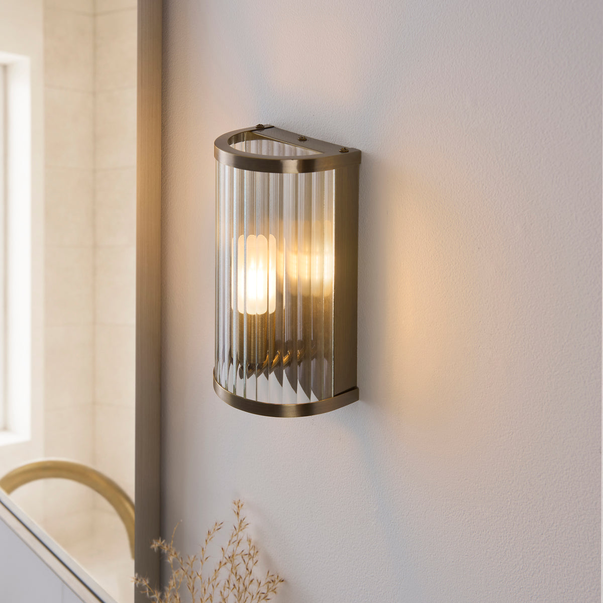 Endon Ridgeton IP44 Wall Light - Antique Brass Plate & Clear Ribbed Glass