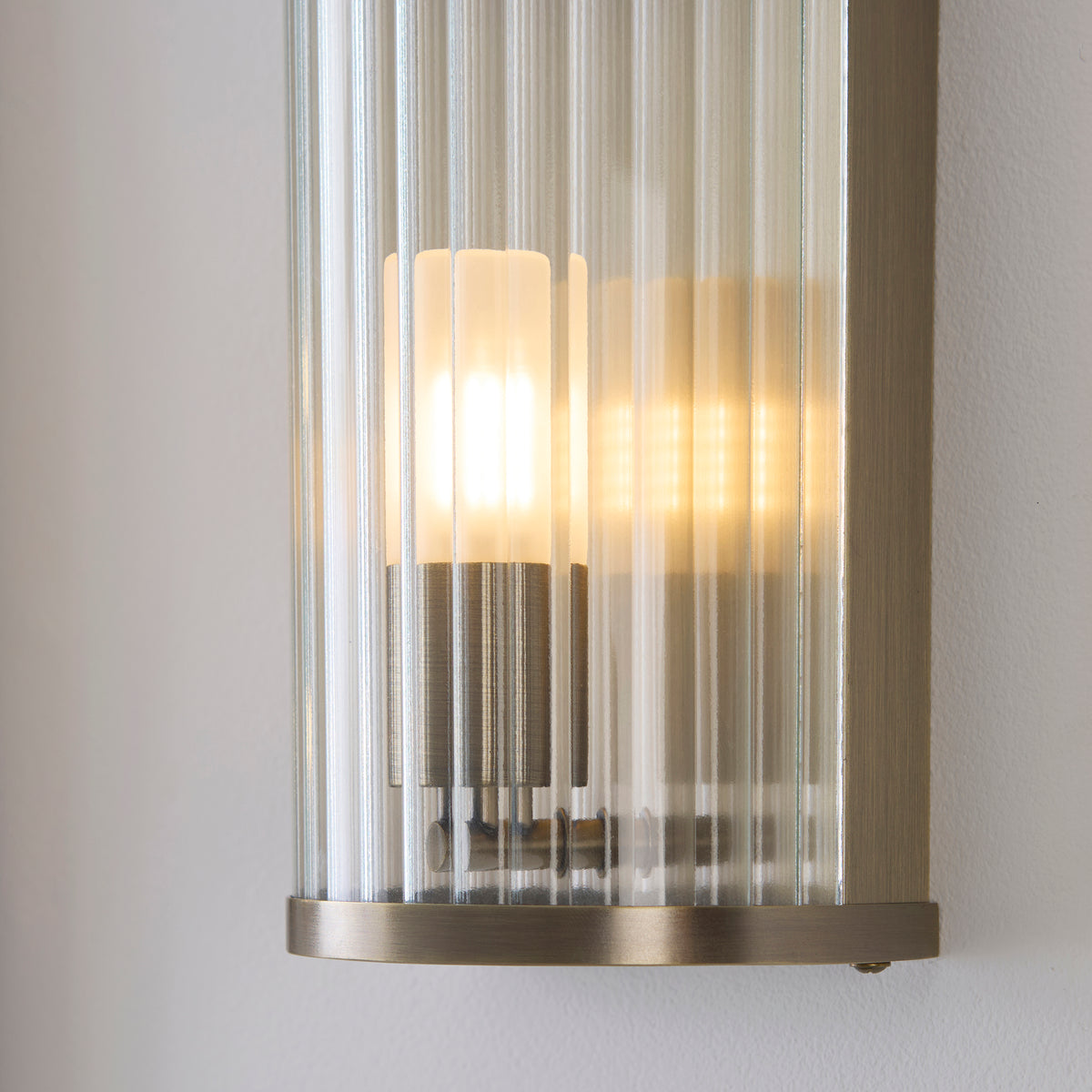 Endon Ridgeton IP44 Wall Light - Antique Brass Plate & Clear Ribbed Glass