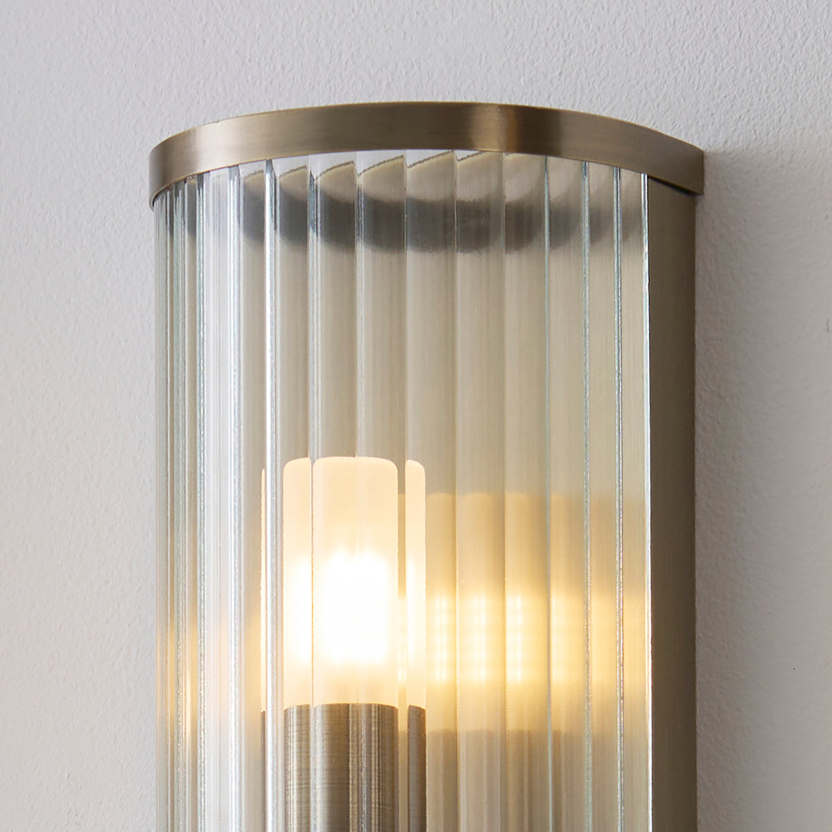Endon Ridgeton IP44 Wall Light - Antique Brass Plate & Clear Ribbed Glass