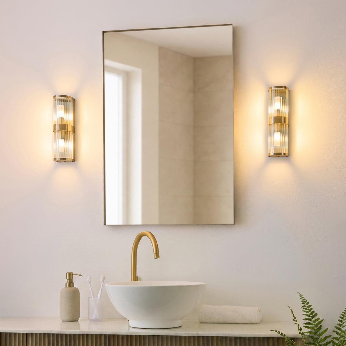 Endon Ridgeton IP44 2 Light Wall Light - Antique Brass Plate & Clear Ribbed Glass