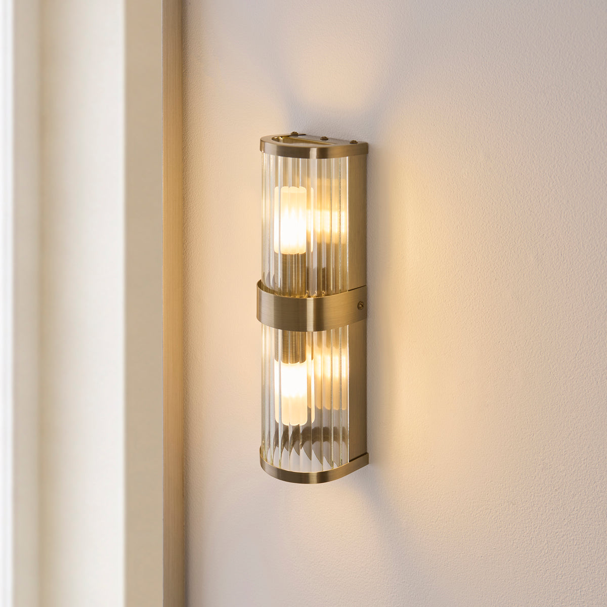 Endon Ridgeton IP44 2 Light Wall Light - Antique Brass Plate & Clear Ribbed Glass