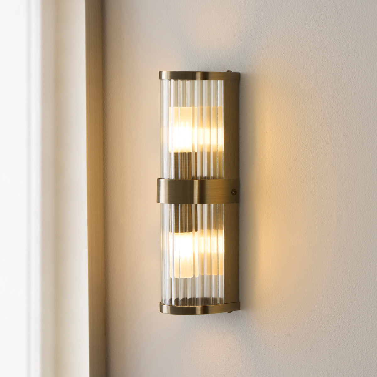Endon Ridgeton IP44 2 Light Wall Light - Antique Brass Plate & Clear Ribbed Glass