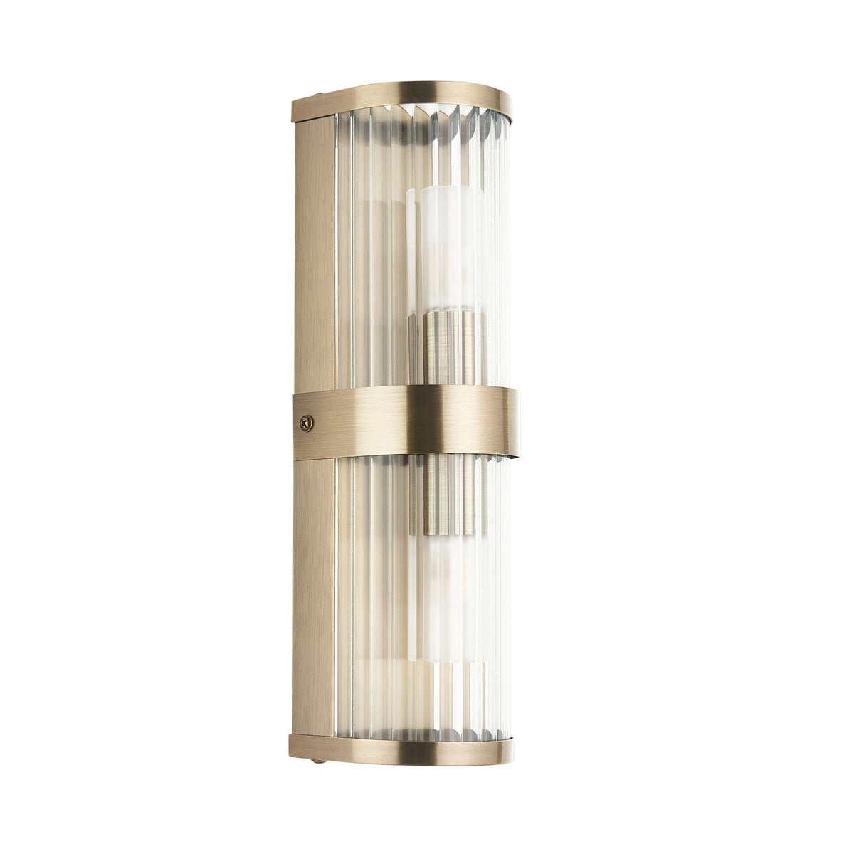 Endon Ridgeton IP44 2 Light Wall Light - Antique Brass Plate & Clear Ribbed Glass