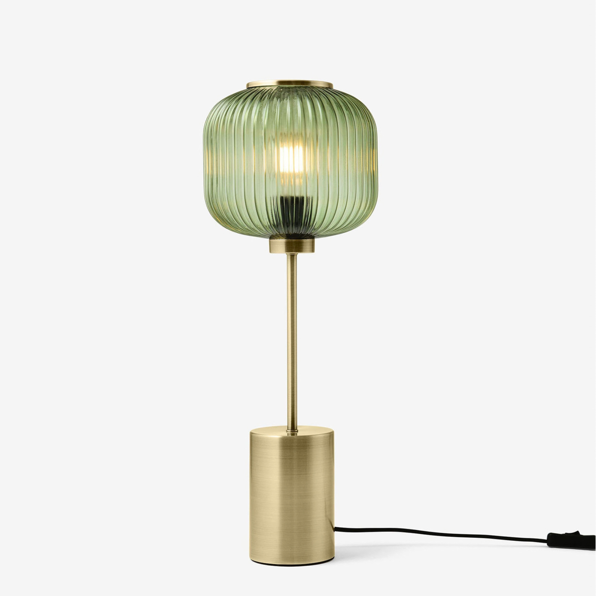 MADE.COM Briz large table lamp in brushed brass with ribbed green glass shade, studio shot with cable