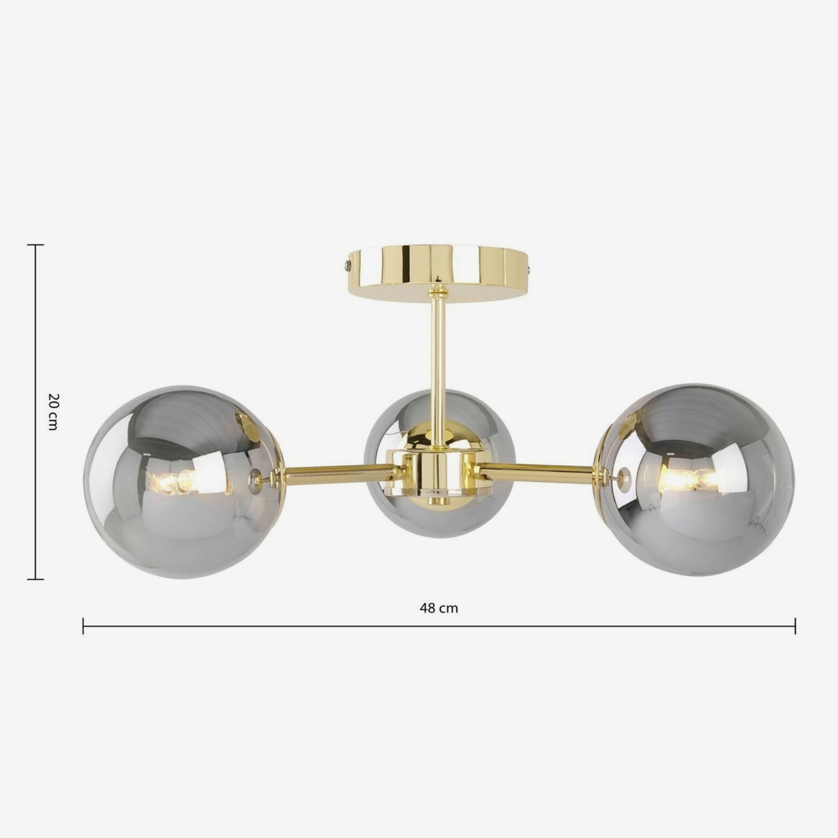 MADE Globe 3 light flush ceiling light, dimensions diagram 20 by 48 cm