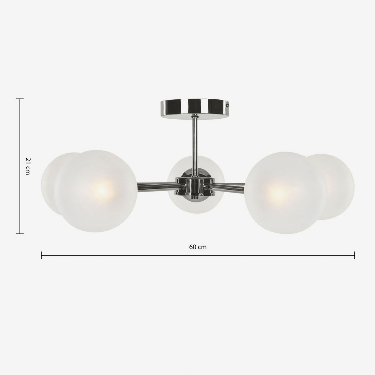 MADE Globe 5 light flush ceiling light in chrome, dimensions diagram 21 by 60 cm