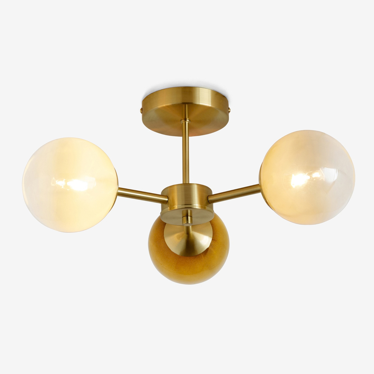 MADE Globe 3 light flush ceiling light in brushed brass with ombre glass globes, white studio shot