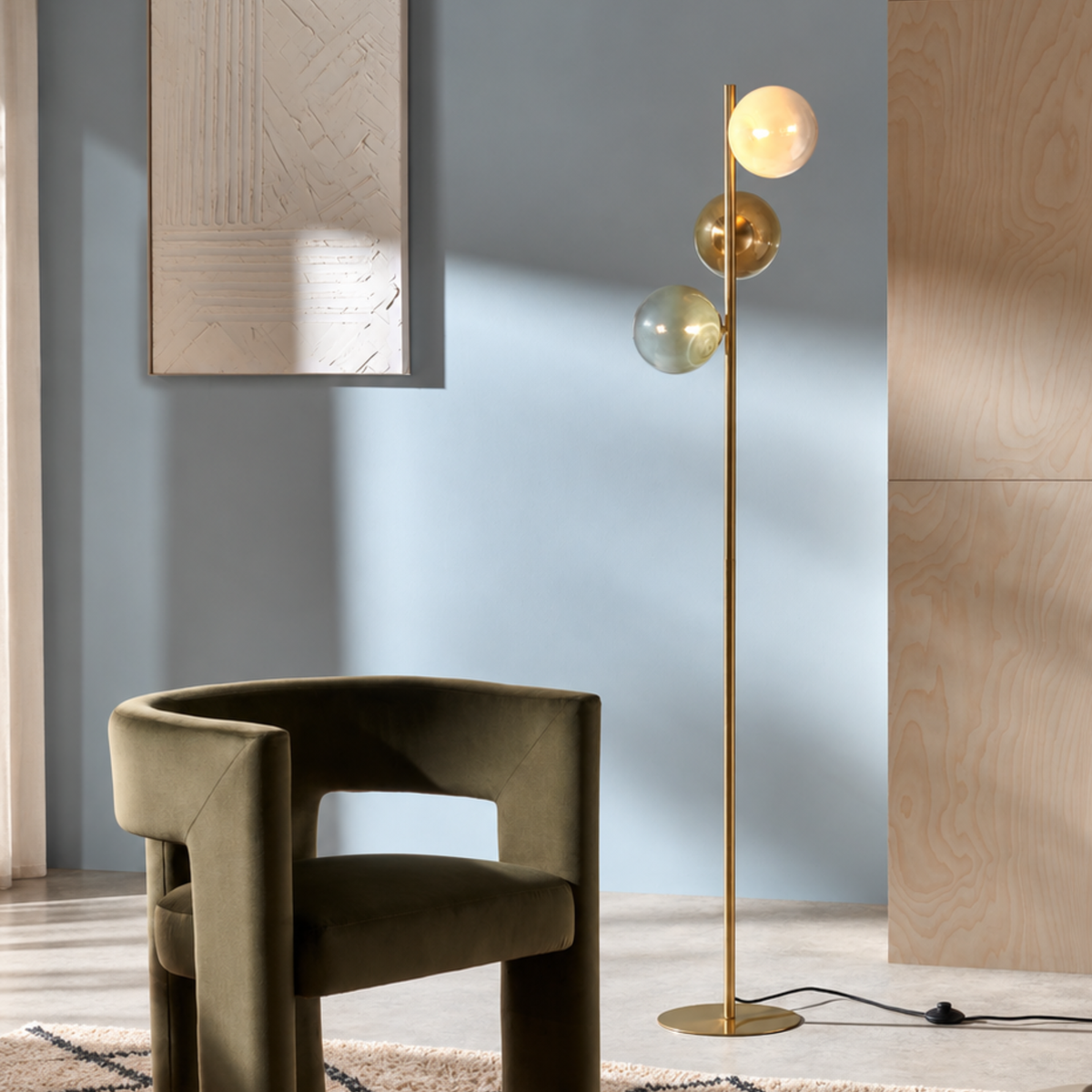 MADE.COM Globe Floor Lamp in Brushed Brass with Green Ombre Glass Shades
