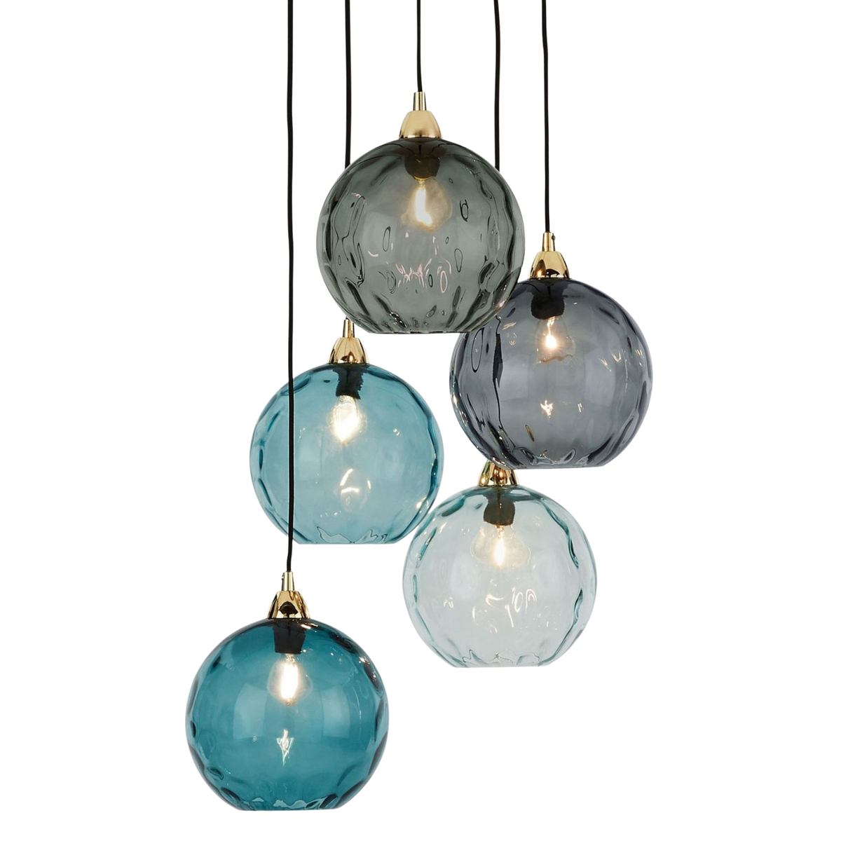MADE Ilaria 5 light cluster pendant in polished brass with blue and grey dimpled glass, studio shot