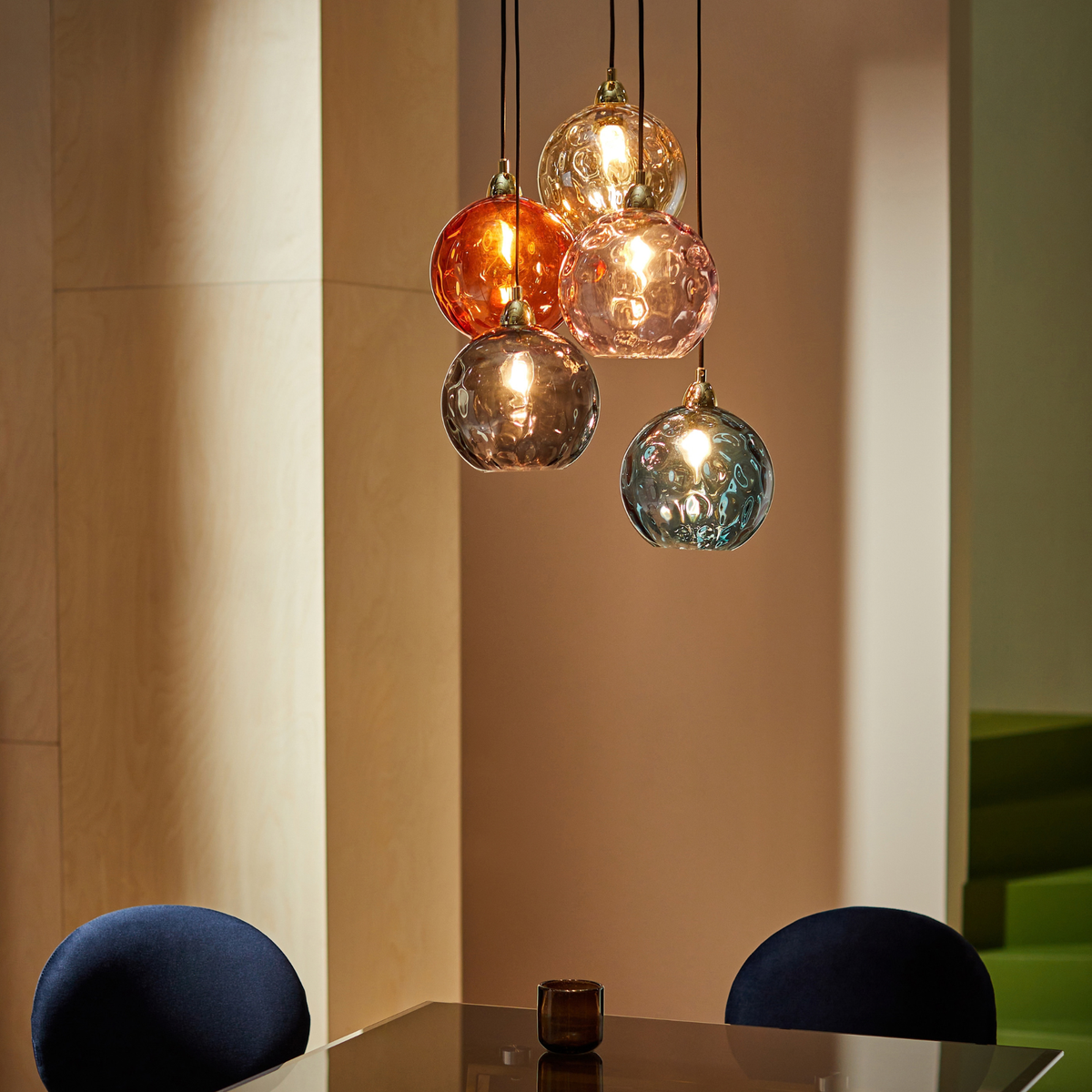 MADE.COM Ilaria 5 Light Cluster Pendant in Polished Brass with Red Dimpled Glass Shades