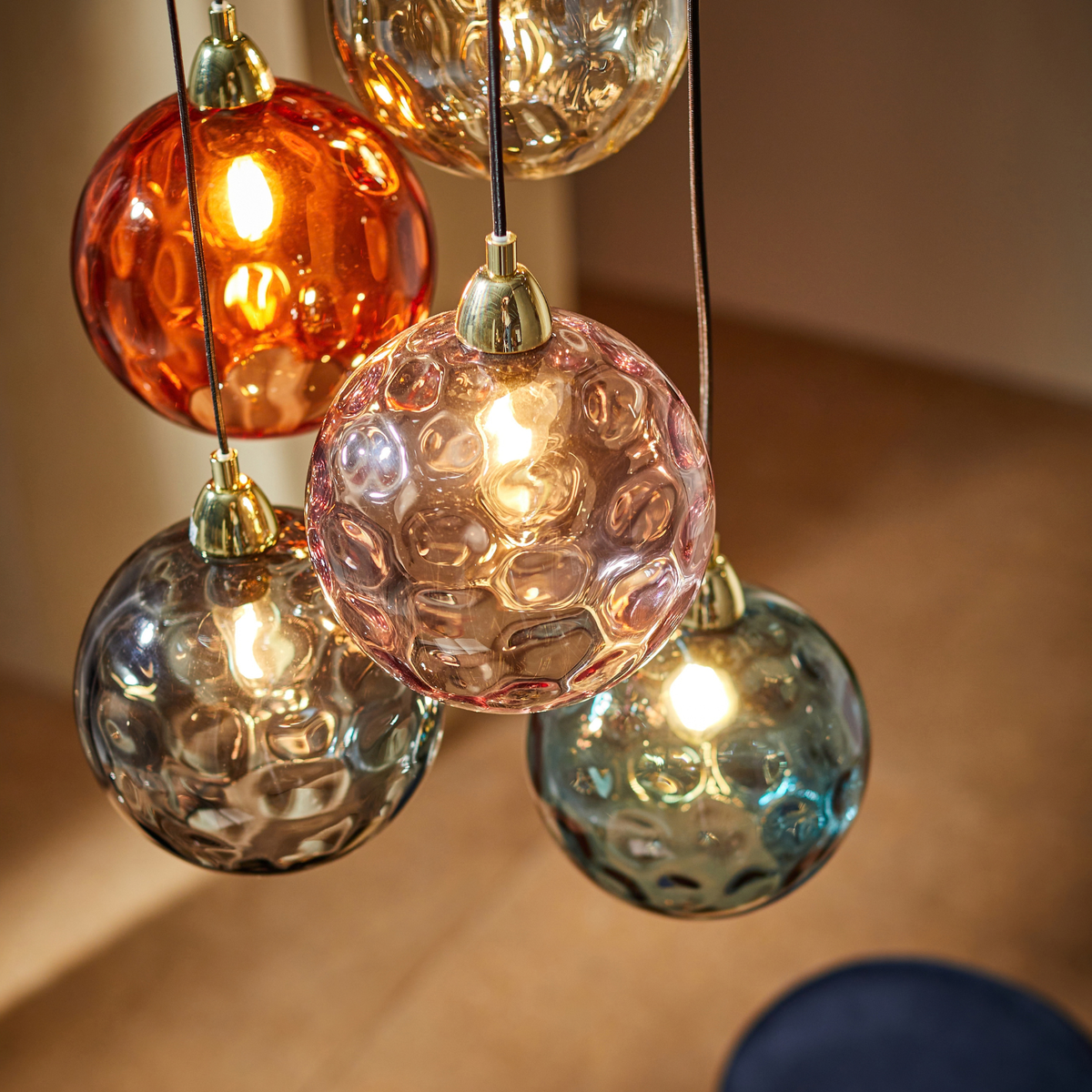 MADE.COM Ilaria 5 Light Cluster Pendant in Polished Brass with Red Dimpled Glass Shades