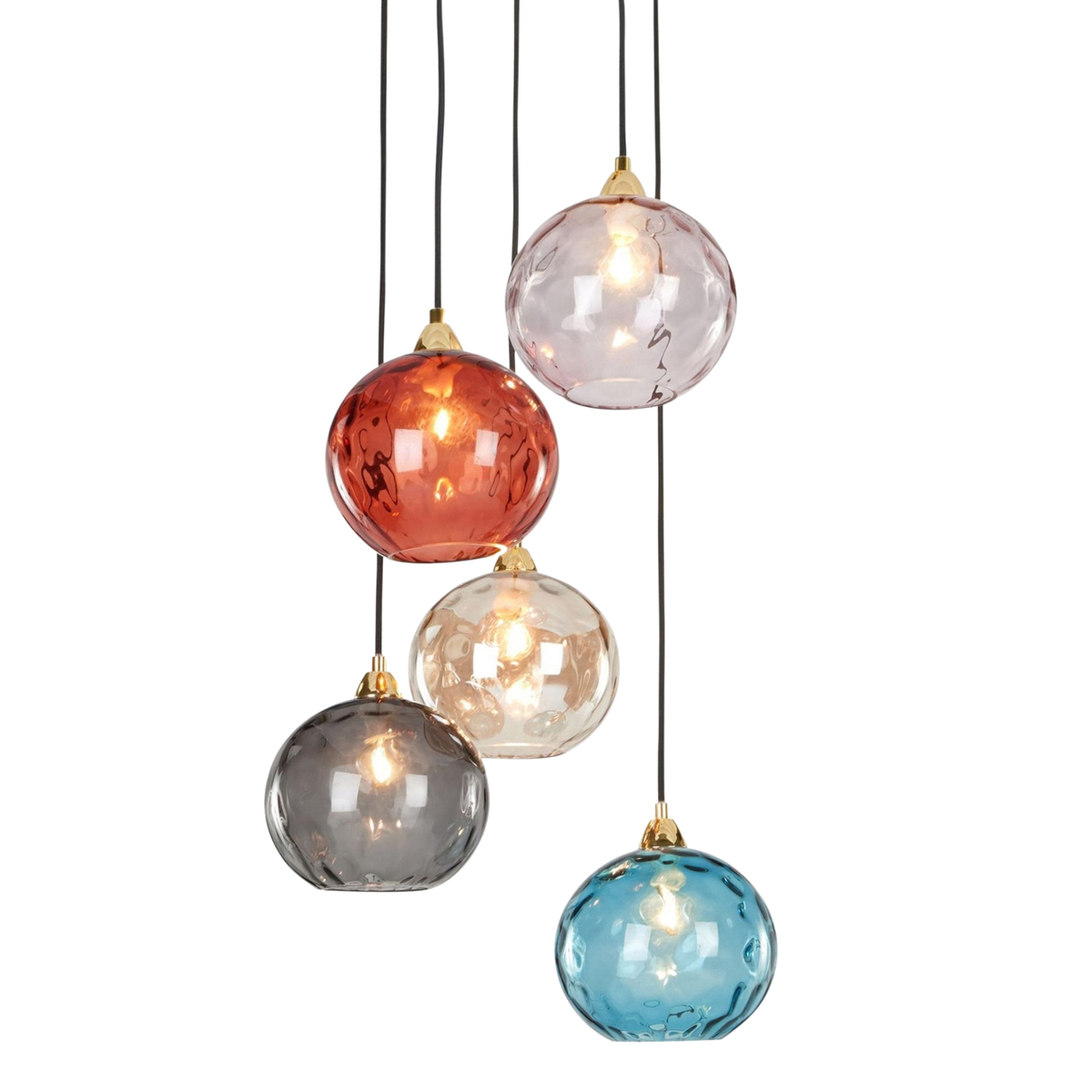 MADE.COM Ilaria 5 Light Cluster Pendant in Polished Brass with Red Dimpled Glass Shades
