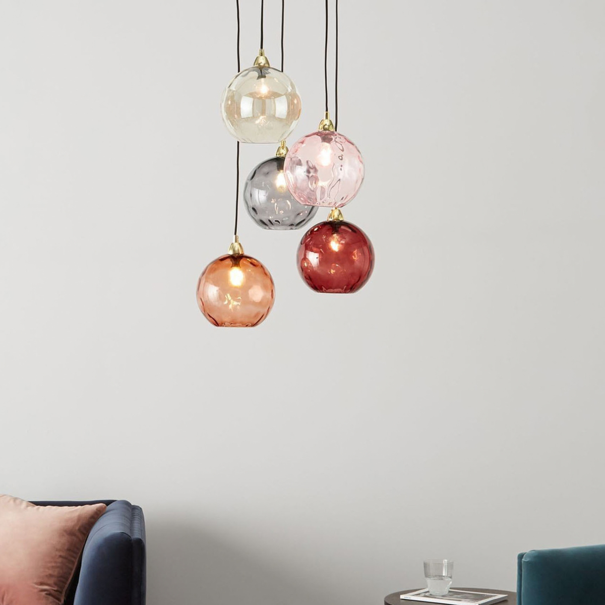 MADE.COM Ilaria 5 Light Cluster Pendant in Polished Brass with Pink Multi Dimpled Glass Shades