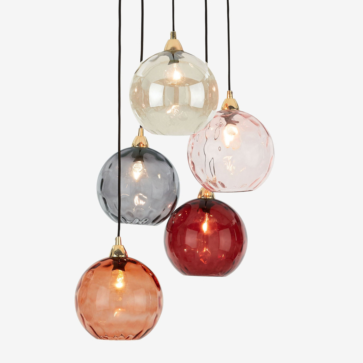 MADE.COM Ilaria 5 Light Cluster Pendant in Polished Brass with Pink Multi Dimpled Glass Shades