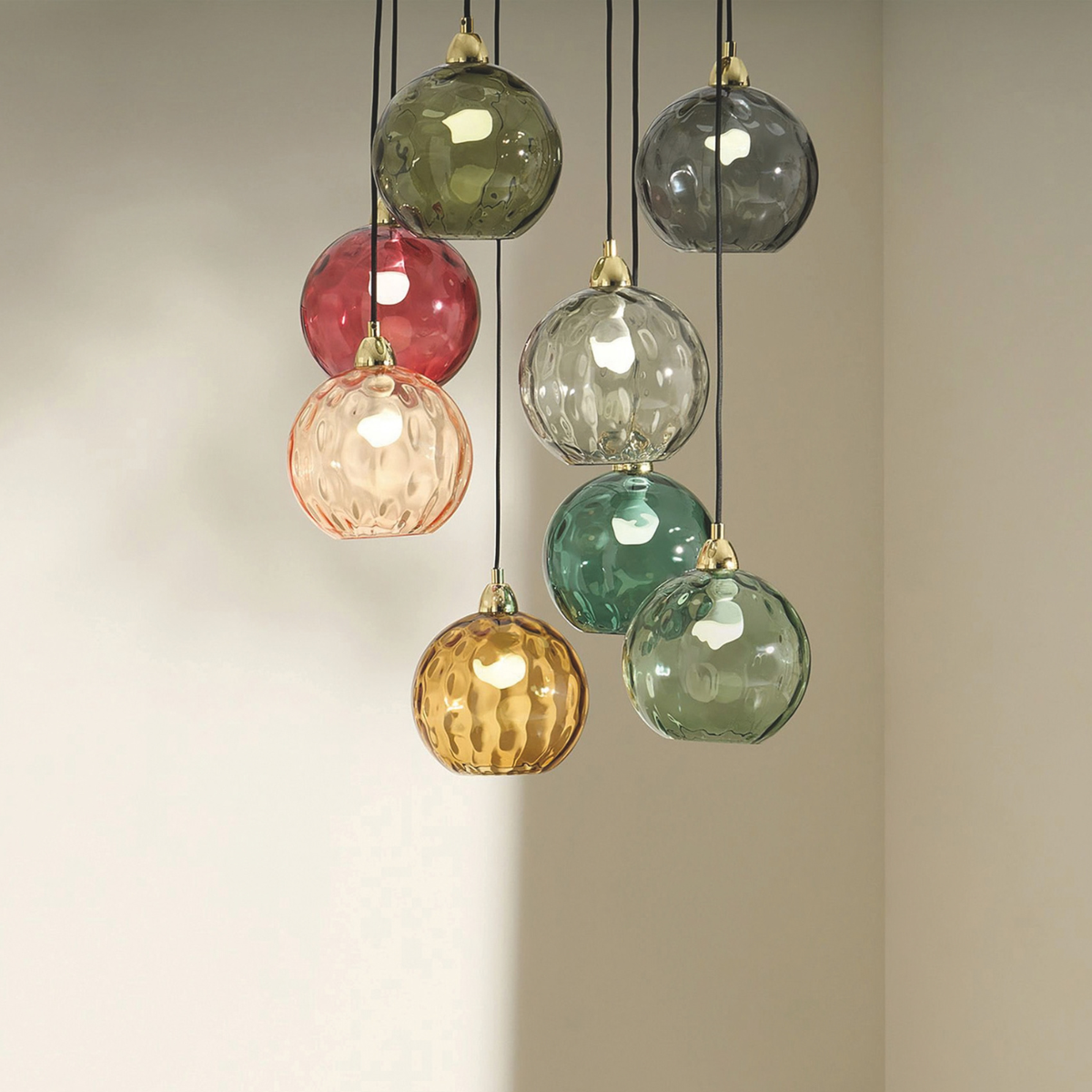 MADE.COM Ilaria 8 Light Cluster Pendant in Polished Brass with Green Dimpled Glass Shades