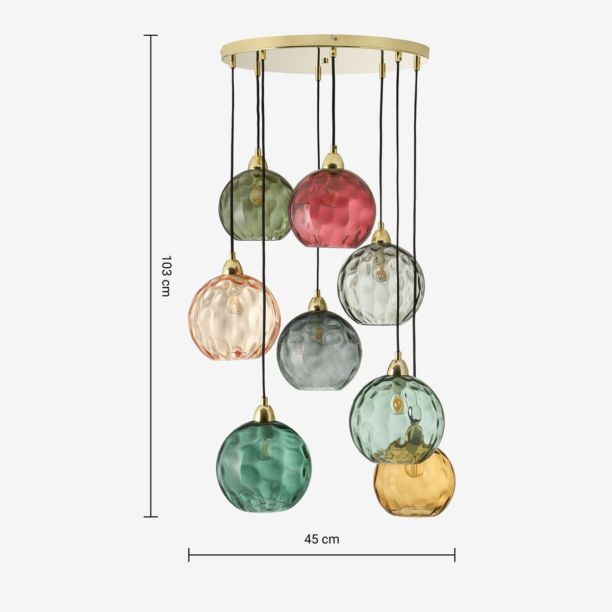 MADE.COM Ilaria 8 Light Cluster Pendant in Polished Brass with Green Dimpled Glass Shades