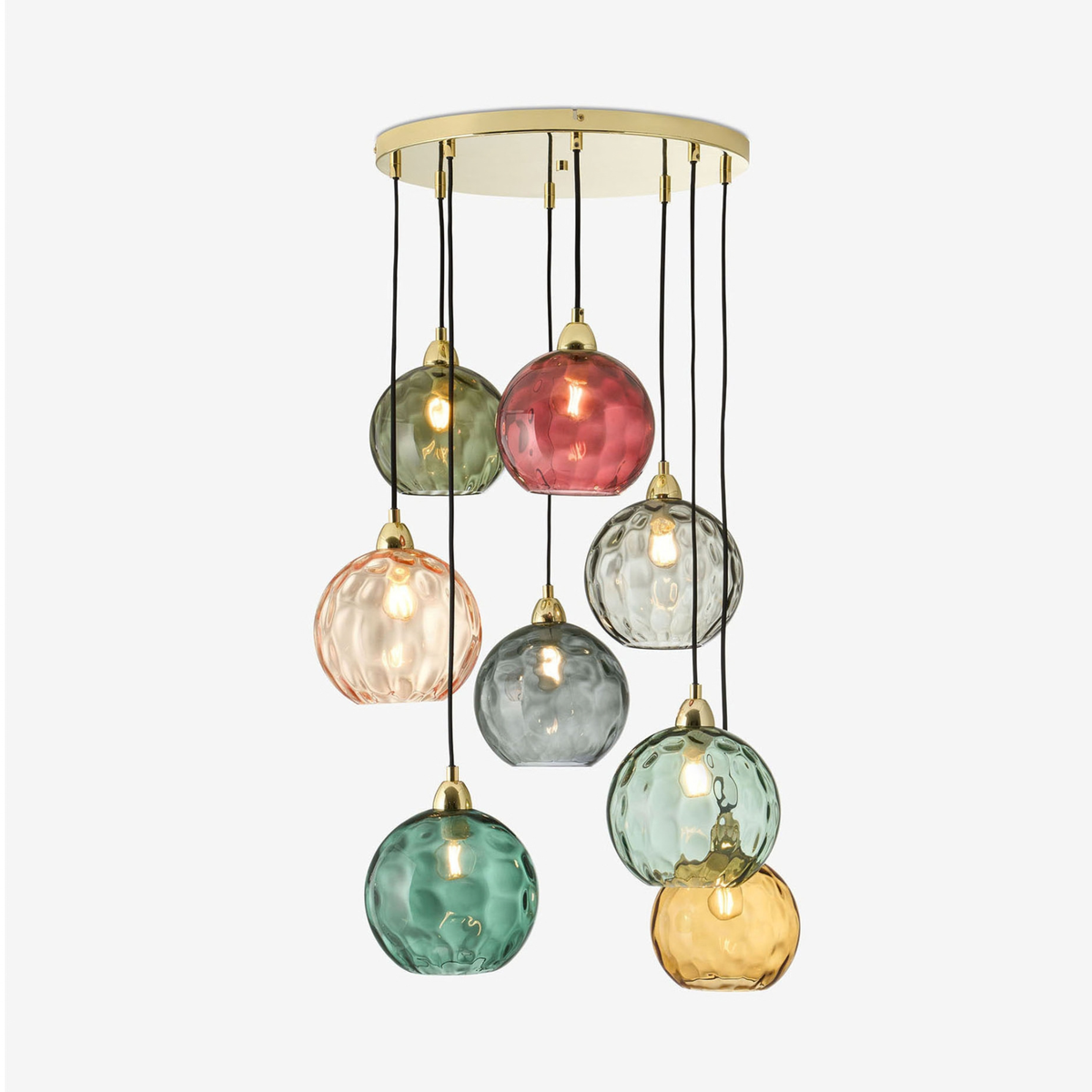 MADE.COM Ilaria 8 Light Cluster Pendant in Polished Brass with Green Dimpled Glass Shades