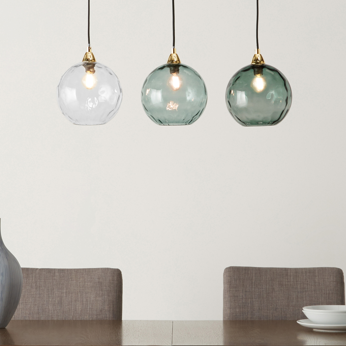 MADE.COM Ilaria 3 Light Linear Pendant in Polished Brass with Blue Dimpled Glass Shades