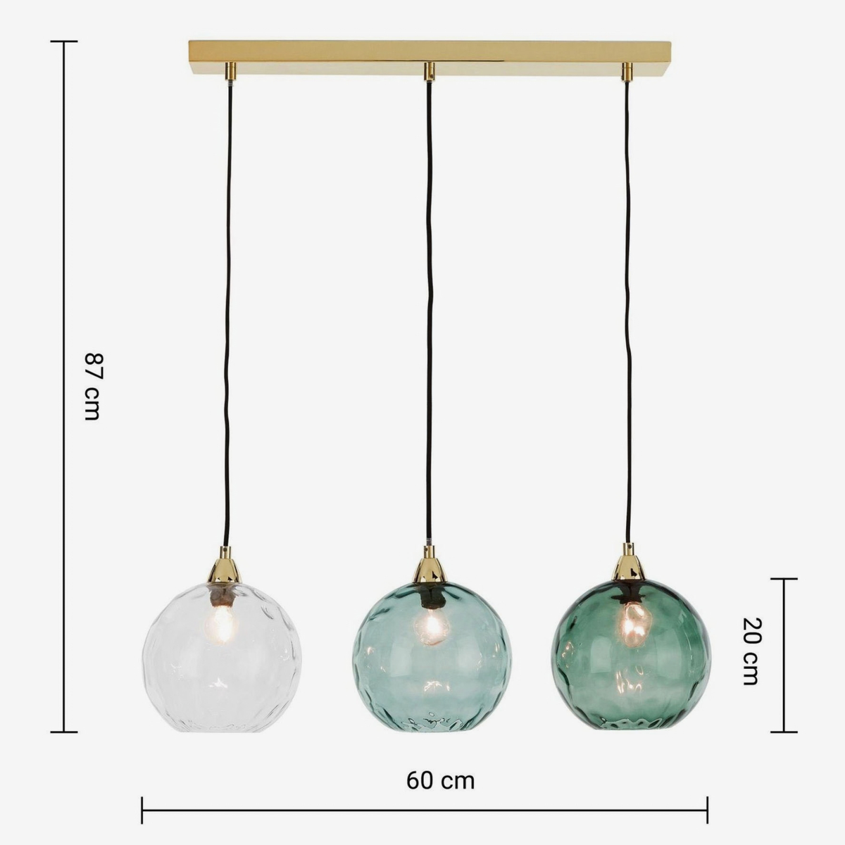 MADE.COM Ilaria 3 Light Linear Pendant in Polished Brass with Blue Dimpled Glass Shades