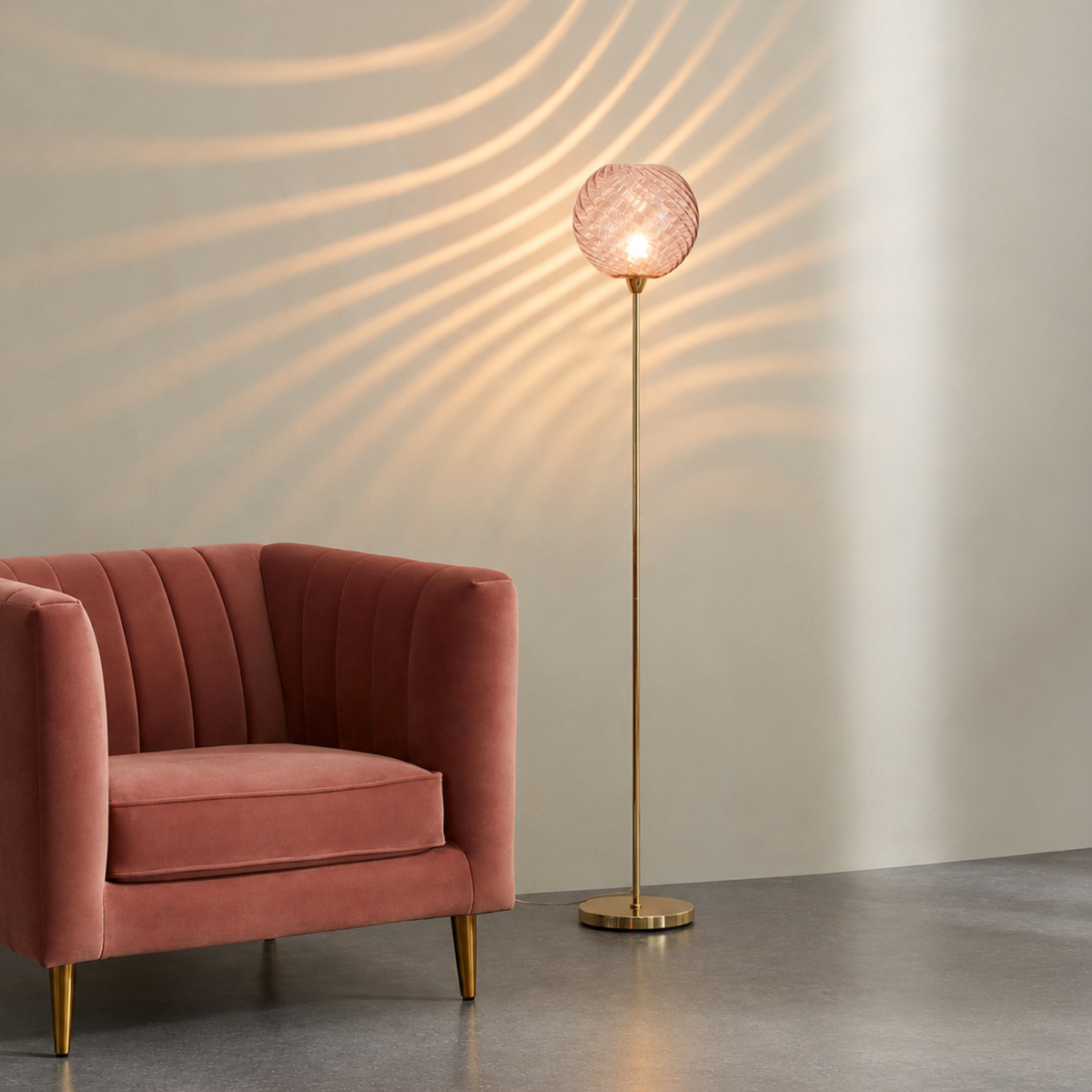 MADE.COM Ilaria Floor Lamp in Polished Brass with Pink Tinted Dimpled Glass Shade