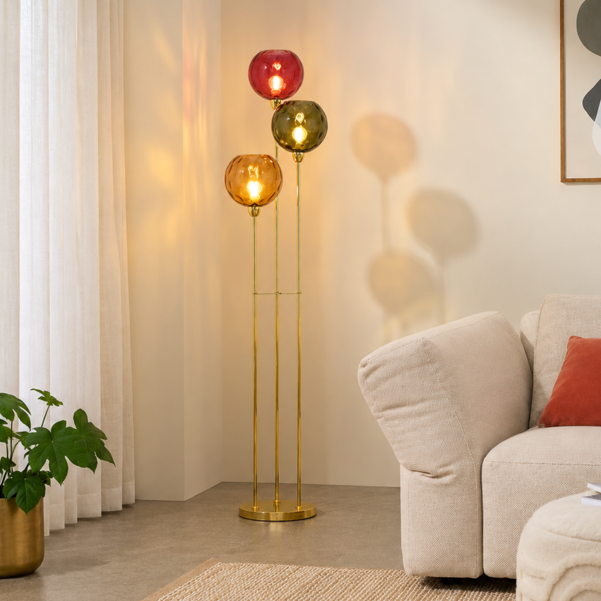 MADE.COM Ilaria Floor Lamp in Polished Brass with Green & Red Dimpled Glass Shades