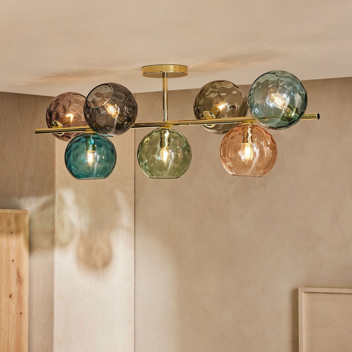 MADE.COM Ilaria 7 Light Large Flush Ceiling Light in Polished Brass with Blue & Neutral Dimpled Glass Shades