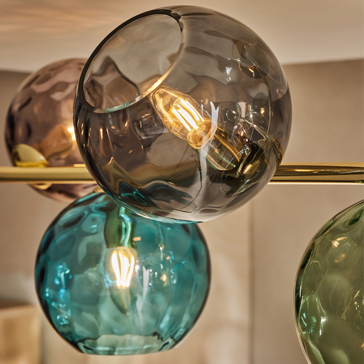 MADE.COM Ilaria 7 Light Large Flush Ceiling Light in Polished Brass with Blue & Neutral Dimpled Glass Shades