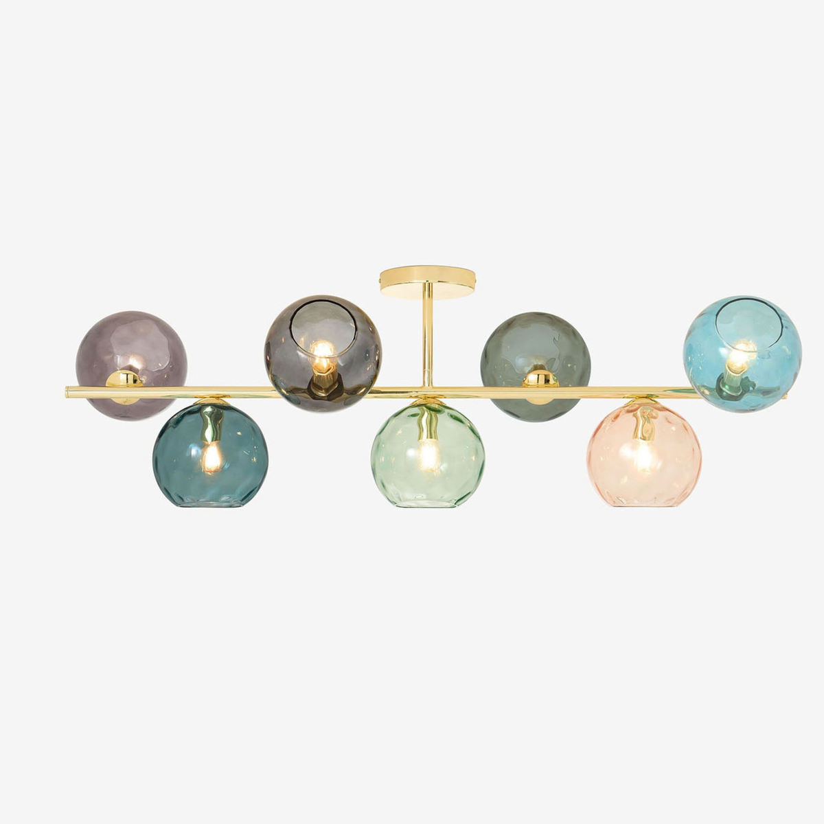 MADE.COM Ilaria 7 Light Large Flush Ceiling Light in Polished Brass with Blue & Neutral Dimpled Glass Shades