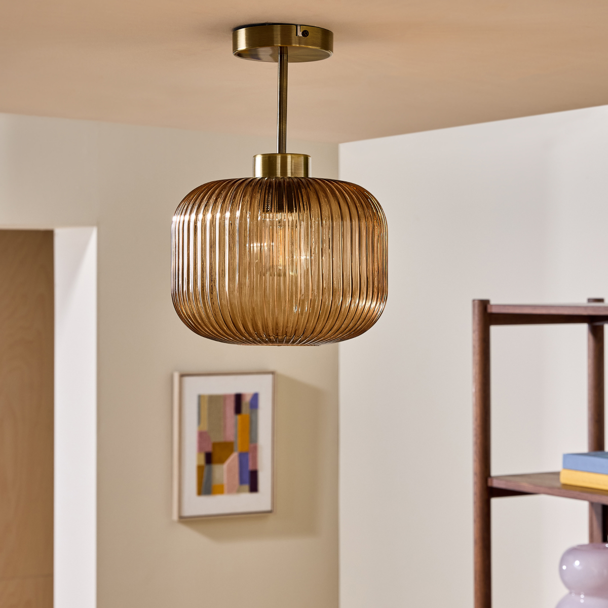 MADE.COM Briz Flush Ceiling Light in Antique Brass with Ribbed Amber Glass Shade