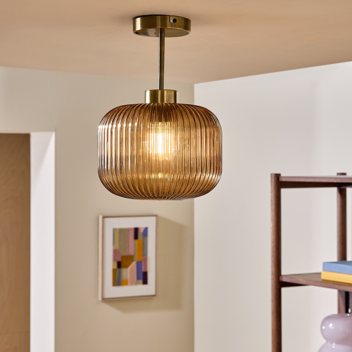 MADE.COM Briz Flush Ceiling Light in Antique Brass with Ribbed Amber Glass Shade