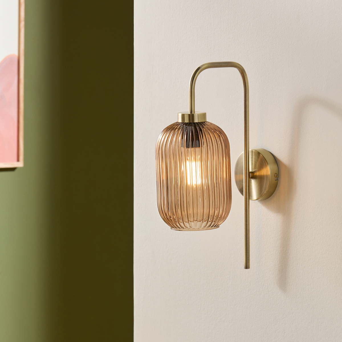 MADE.COM Briz Wall Light in Antique Brass with Ribbed Amber Glass Shade