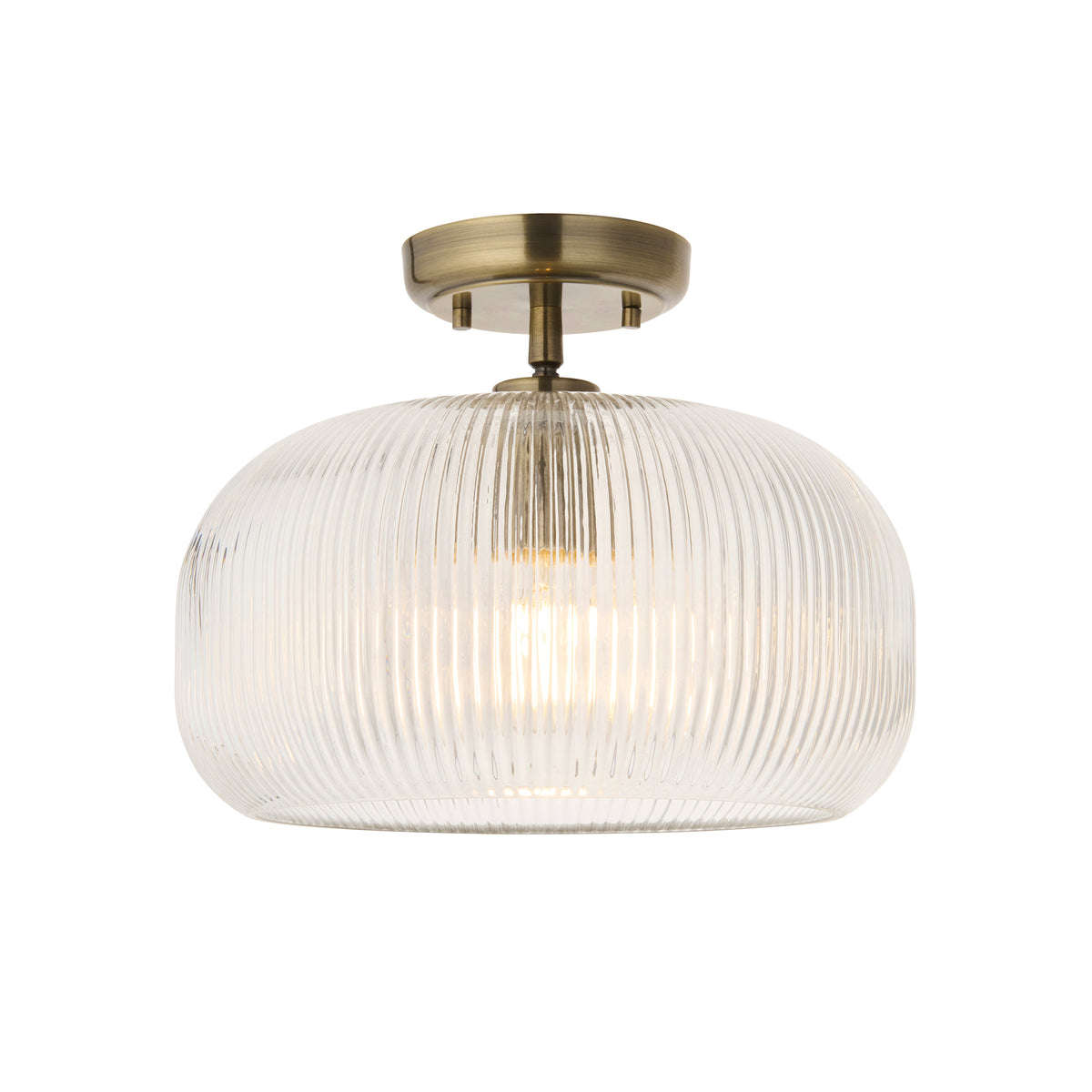 Endon Harborne Flush - Antique Brass Plate & Clear Ribbed Glass