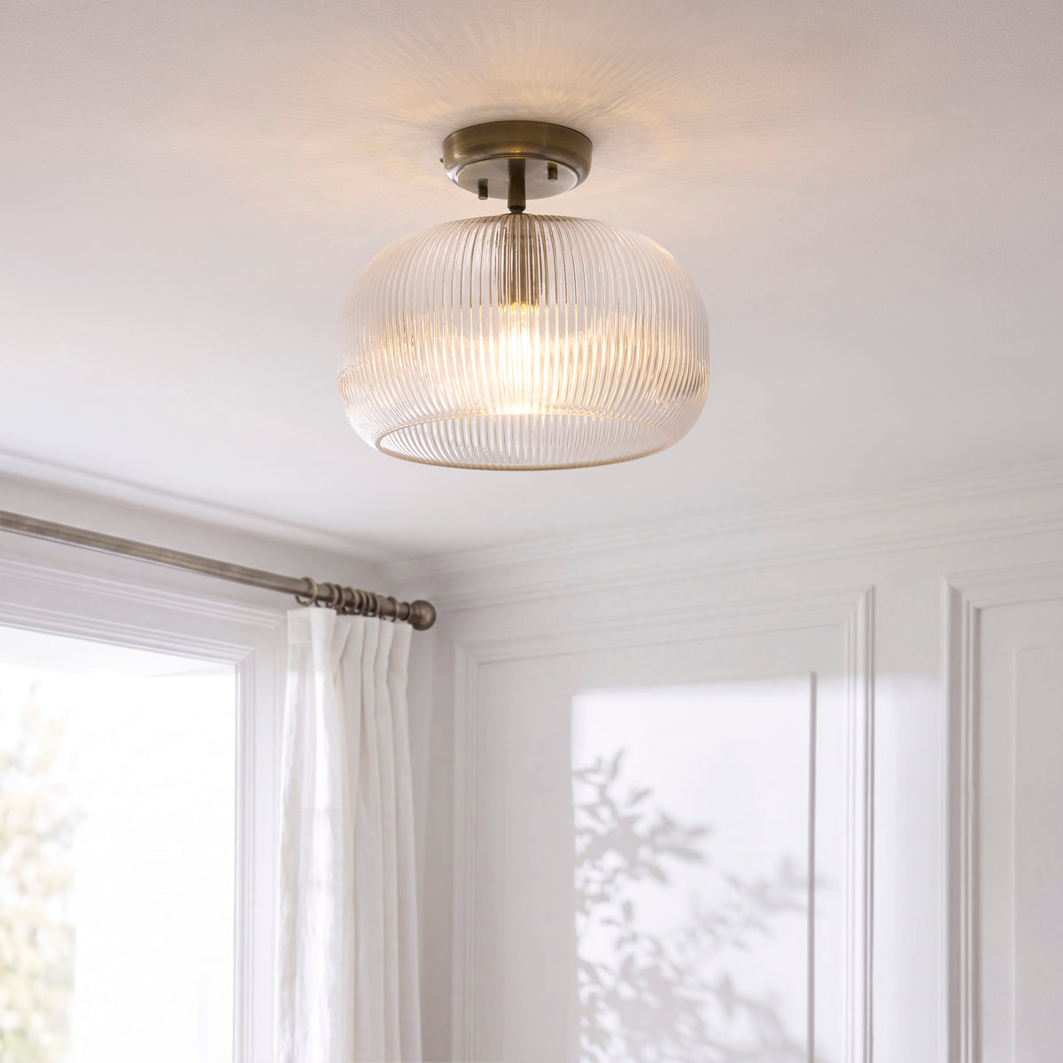 Endon Harborne Flush - Antique Brass Plate & Clear Ribbed Glass