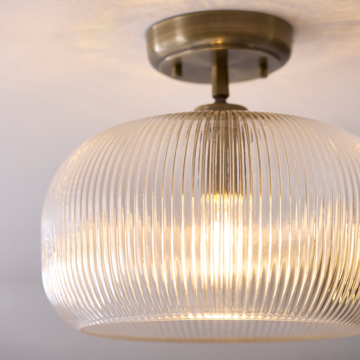 Endon Harborne Flush - Antique Brass Plate & Clear Ribbed Glass