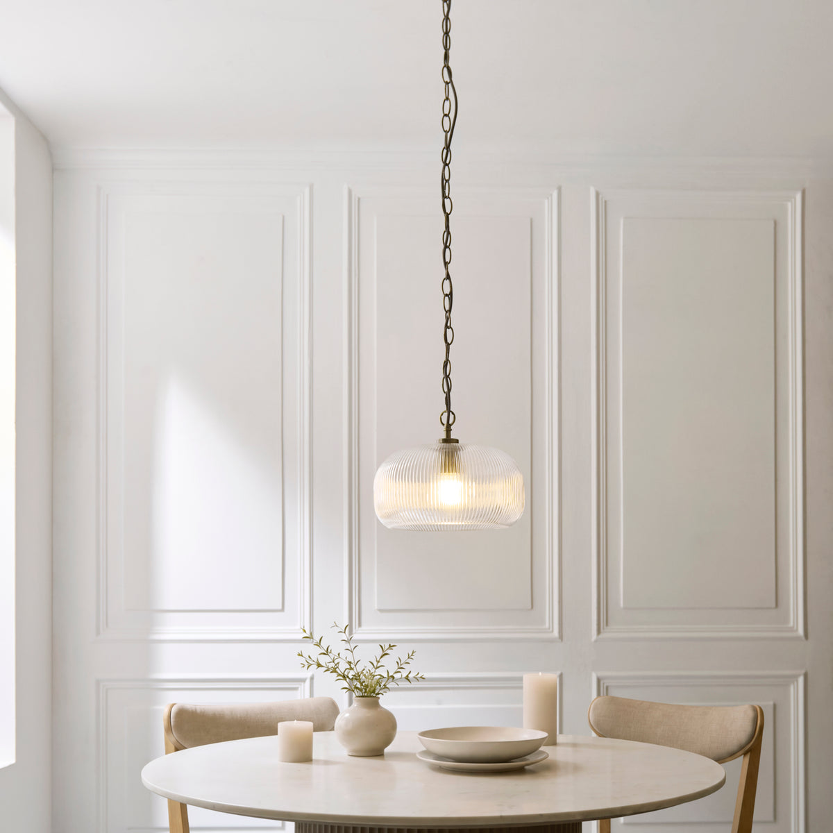 Endon Harborne Pendant - Antique Brass Plate & Clear Ribbed Glass