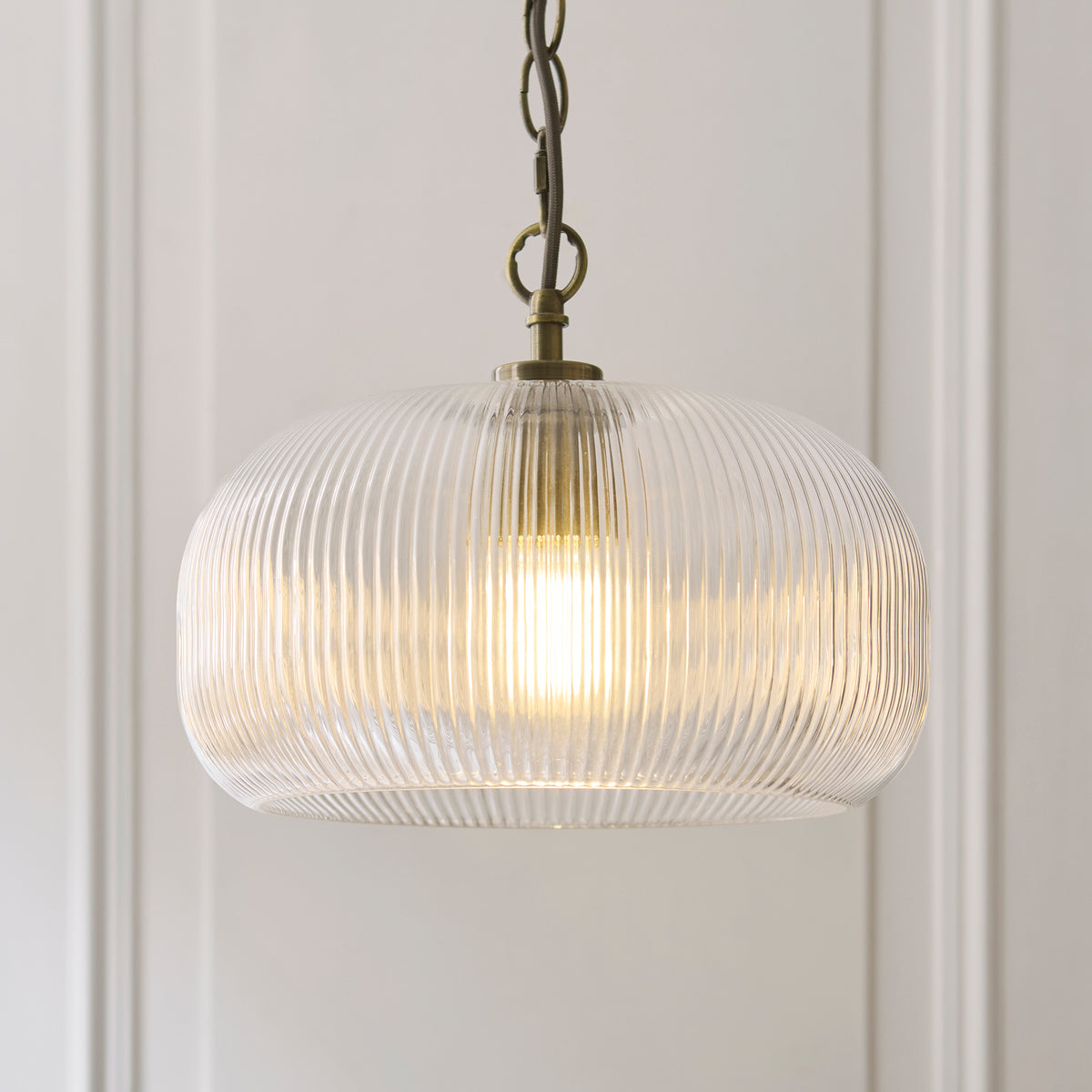 Endon Harborne Pendant - Antique Brass Plate & Clear Ribbed Glass