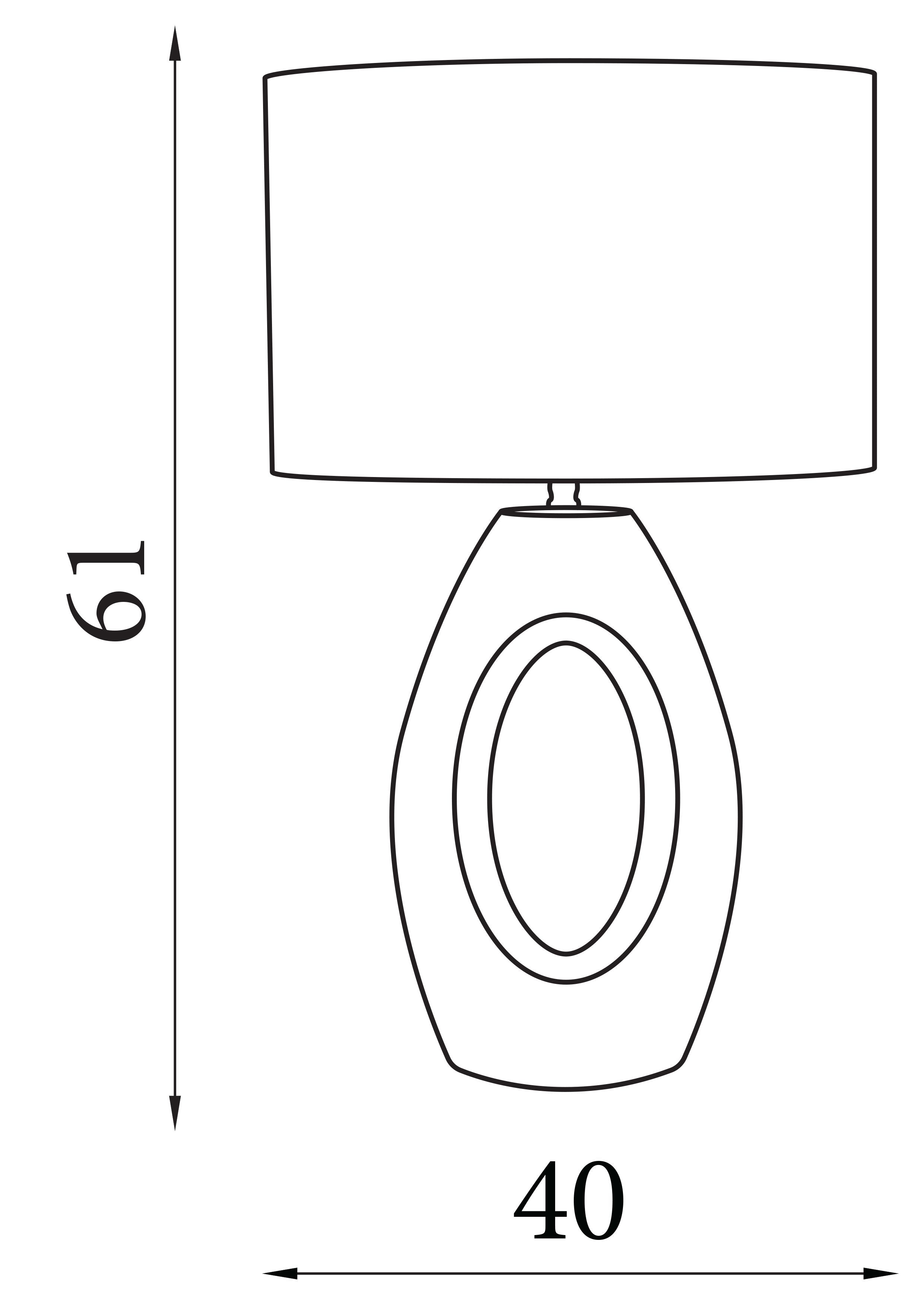Line drawing showing the Artisan table lamp's dimensions, 61cm high and 40cm wide