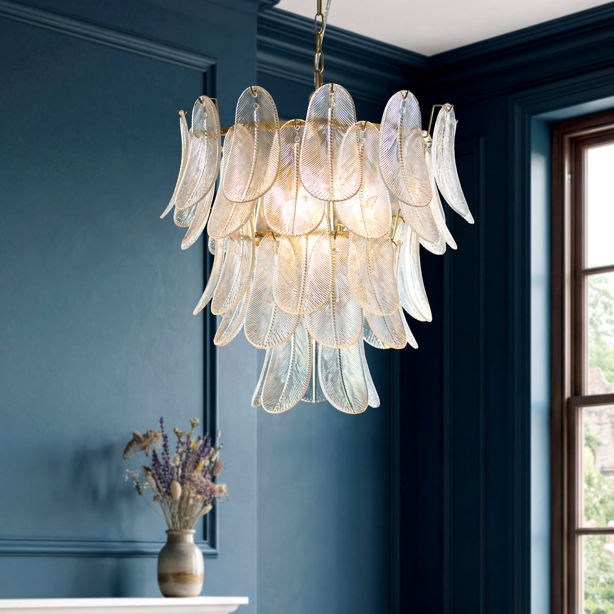 Endon Autumn 4 Light Pendant - Brushed Aged Brass Plate & Clear Textured Glass