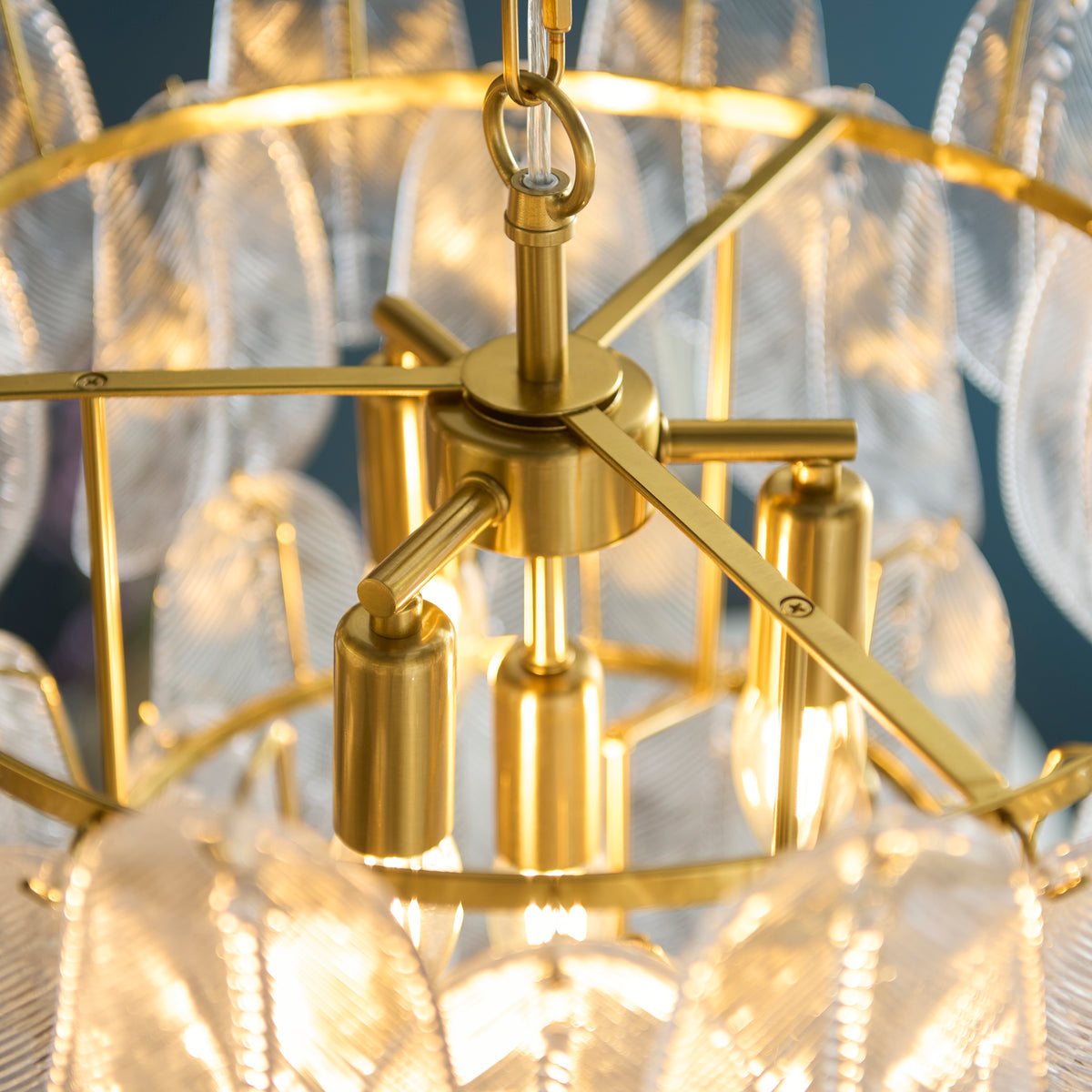 Endon Autumn 4 Light Pendant - Brushed Aged Brass Plate & Clear Textured Glass