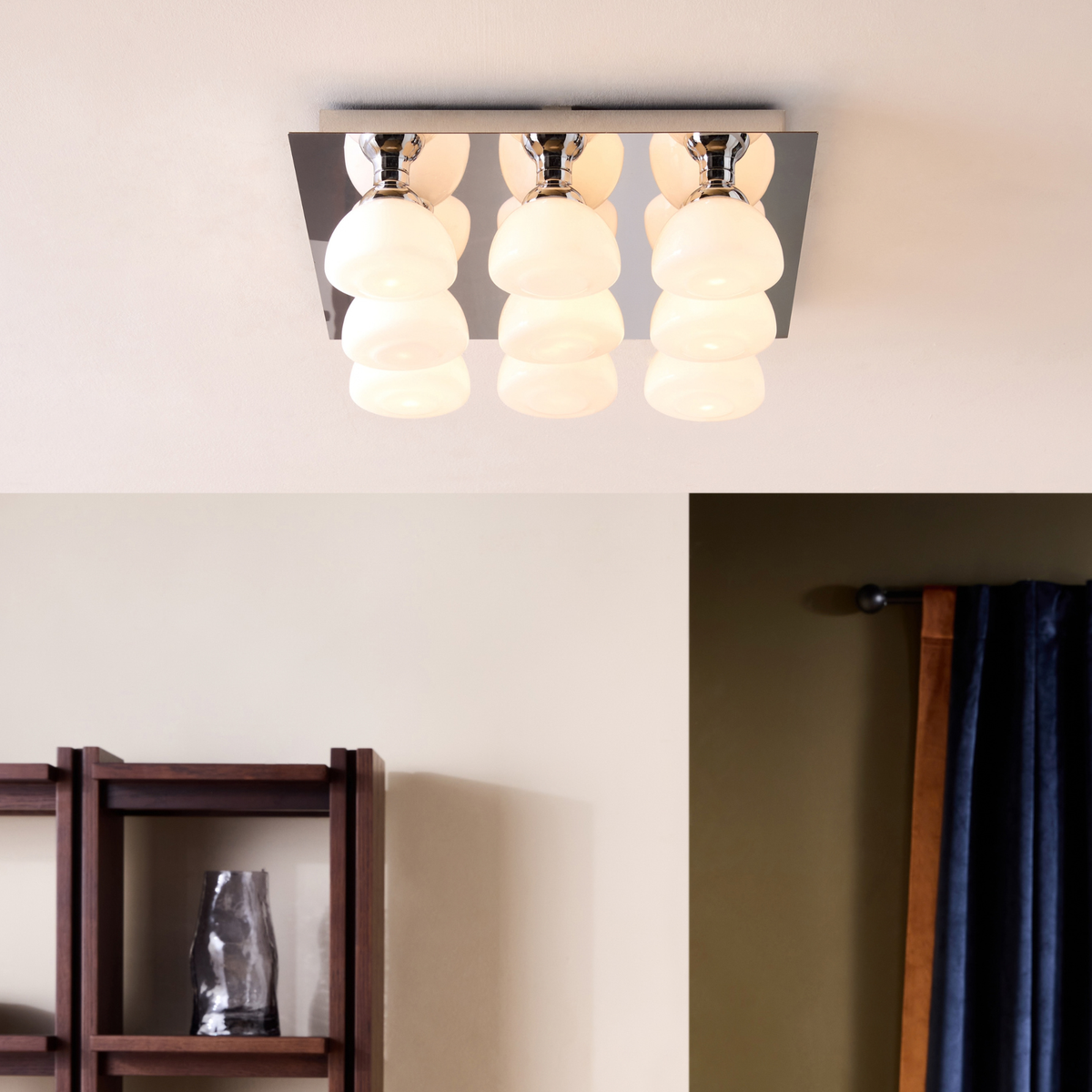 MADE.COM Monroe Flush Ceiling Light in Chrome with Opal Glass Shades