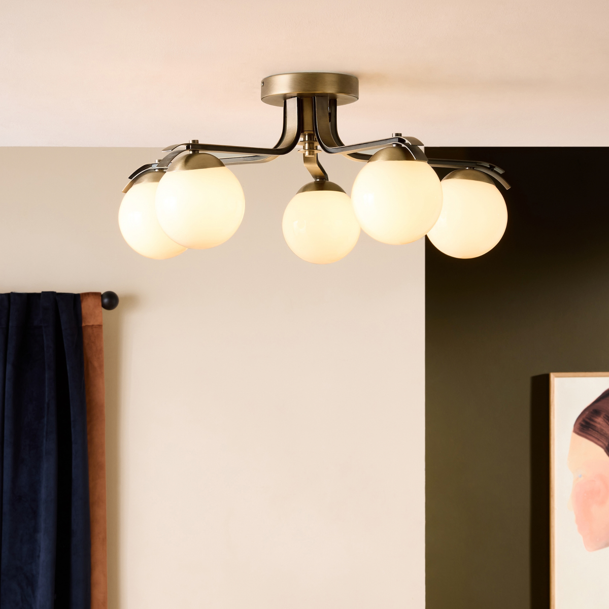 MADE.COM Palla 5 Light Flush Ceiling Light in Aged Brass with Cream Milk Glass Shades