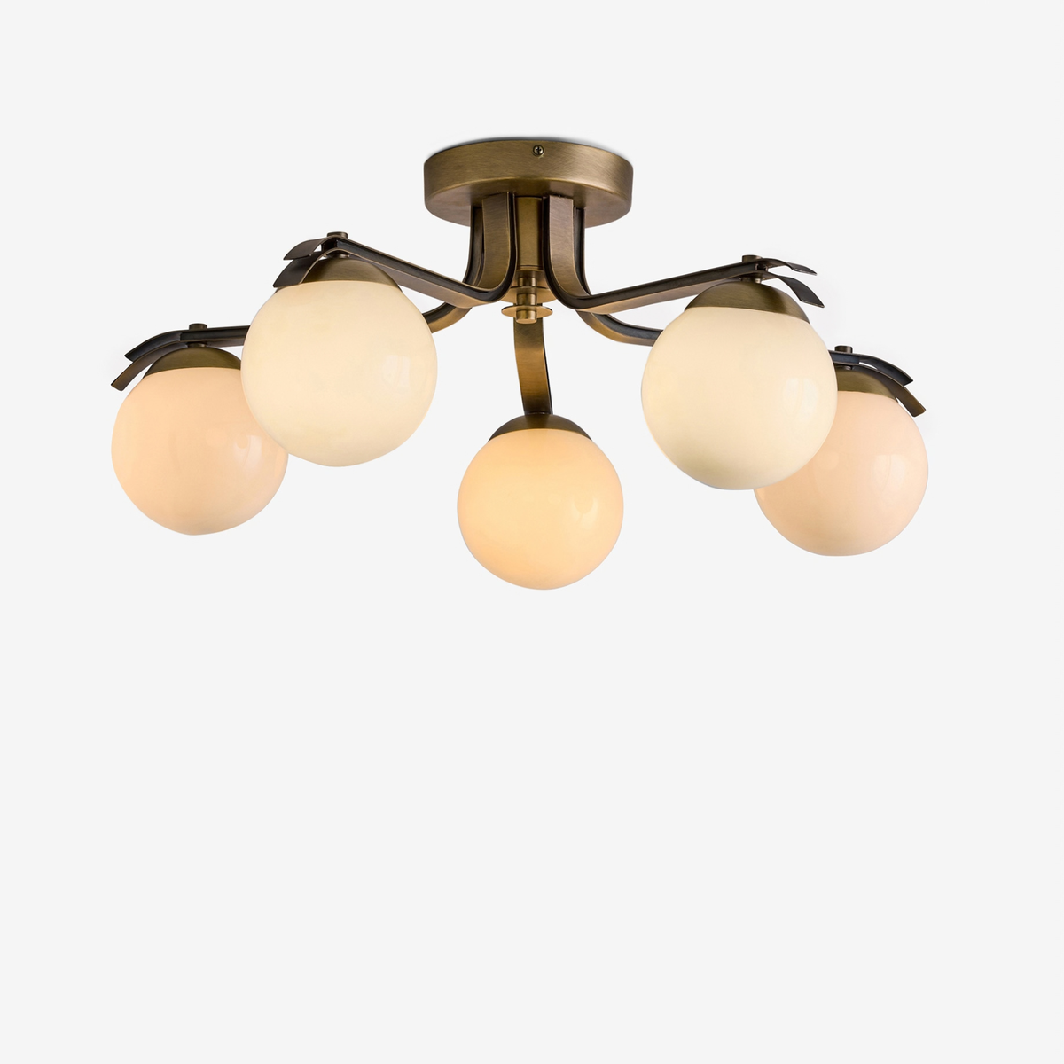 MADE.COM Palla 5 Light Flush Ceiling Light in Aged Brass with Cream Milk Glass Shades