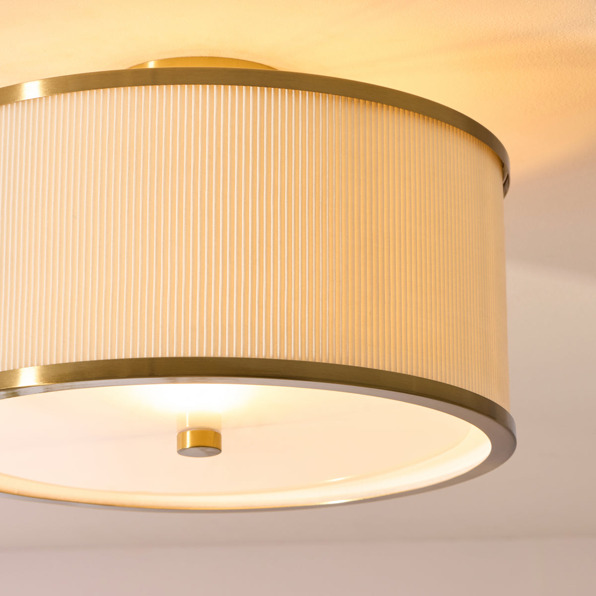 Endon Lexi Flush - Ivory Fabric, Brushed Aged Brass & Frosted Glass